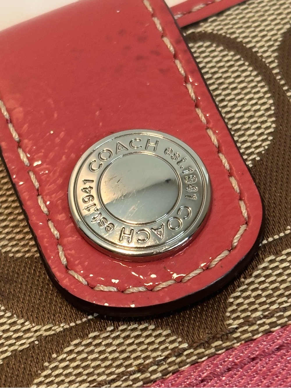 COACH ($229) Legacy Signature Zip-Around Wallet in Tan Canvas with Berry Accents - Picture 2 of 14